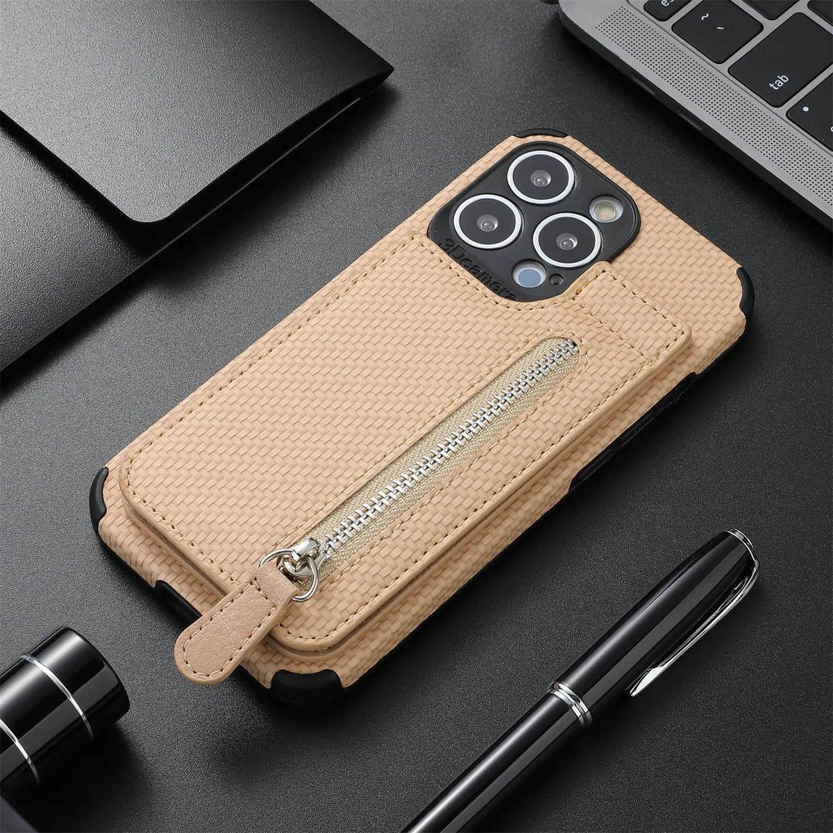 Card holder phone case with wallet bracket and zipper protective sleeve in TPU leather for iPhone models, back cover view