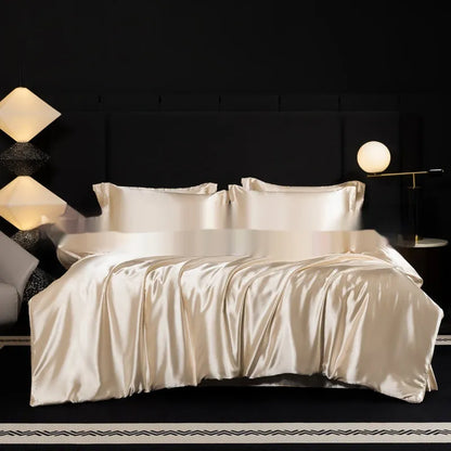 Household Fashion 100% silk bed sheet four-piece set in seven colour options showing fitted sheet, flat sheet and pillowcases
