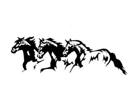 Three horses car sticker vinyl decal measuring 25cm by 8cm in black, white, red, and blue colours