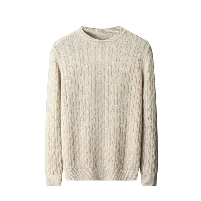 Men's twist round neck wool pullover sweater in white and gray, loose fit, long sleeves, sizes S to 3XL