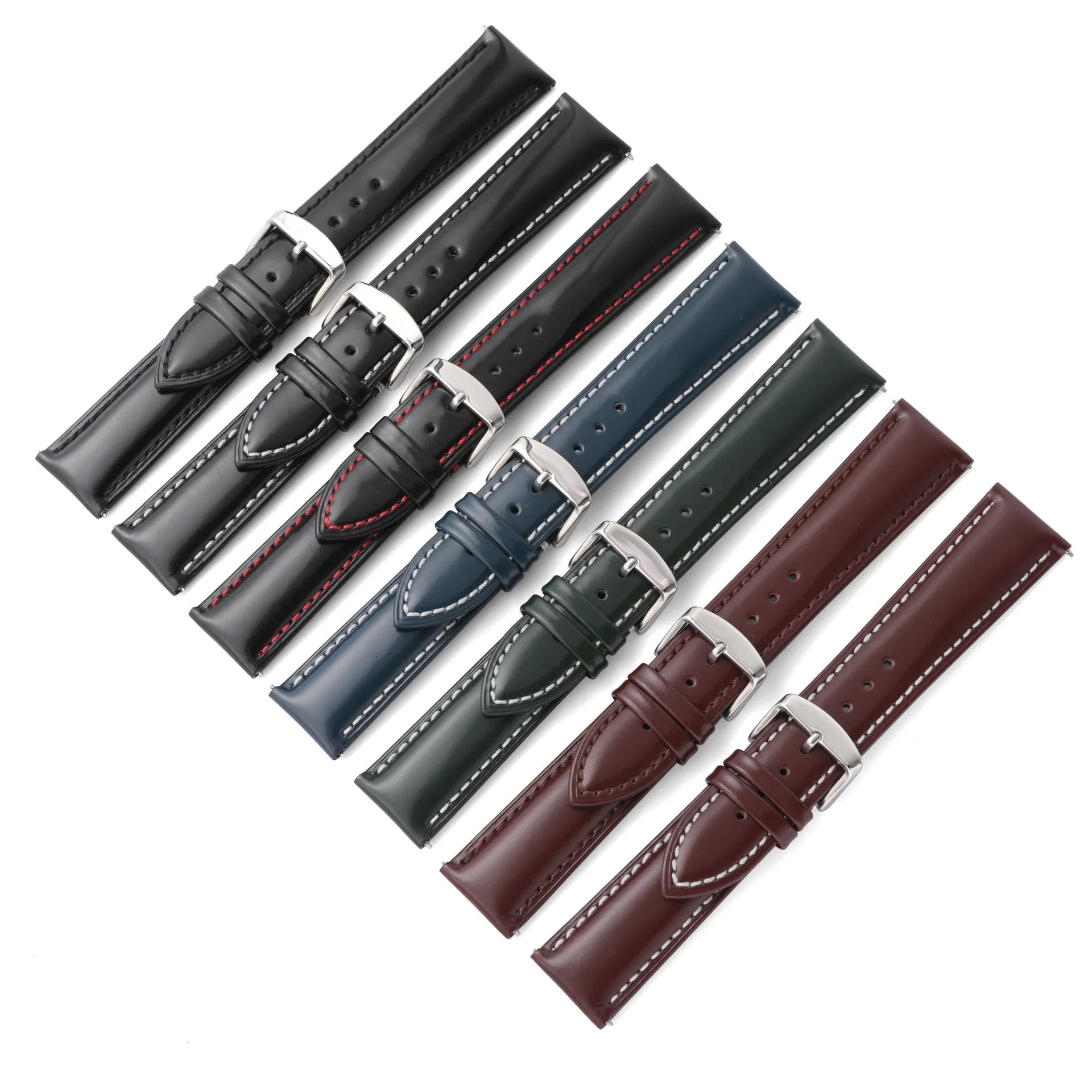 Quick release leather watch strap in bright cowhide, showing colour options and width sizes from 18mm to 22mm