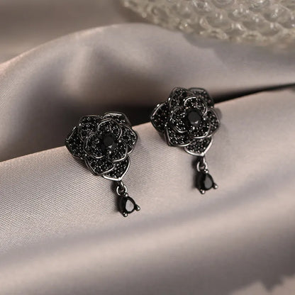 Black rose flower-shaped stud earrings with zircon inlay on gold-plated copper