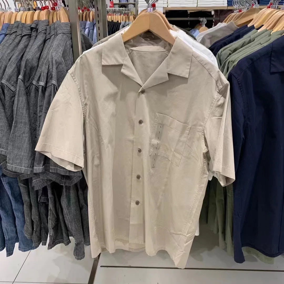 Men's modal cotton blended open collar casual shirt in beige colour with Japanese Korean styling