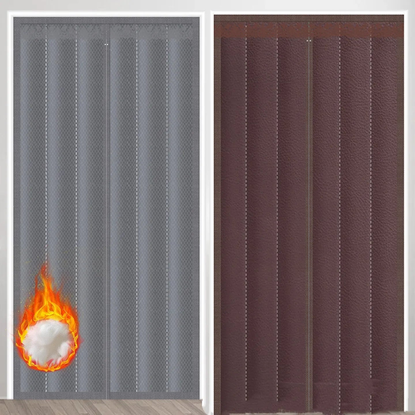 New Chinese style magnetic strip door curtain with vertical stripes in Oxford cloth coffee colour, showing full seam edges and integrated magnetic closure