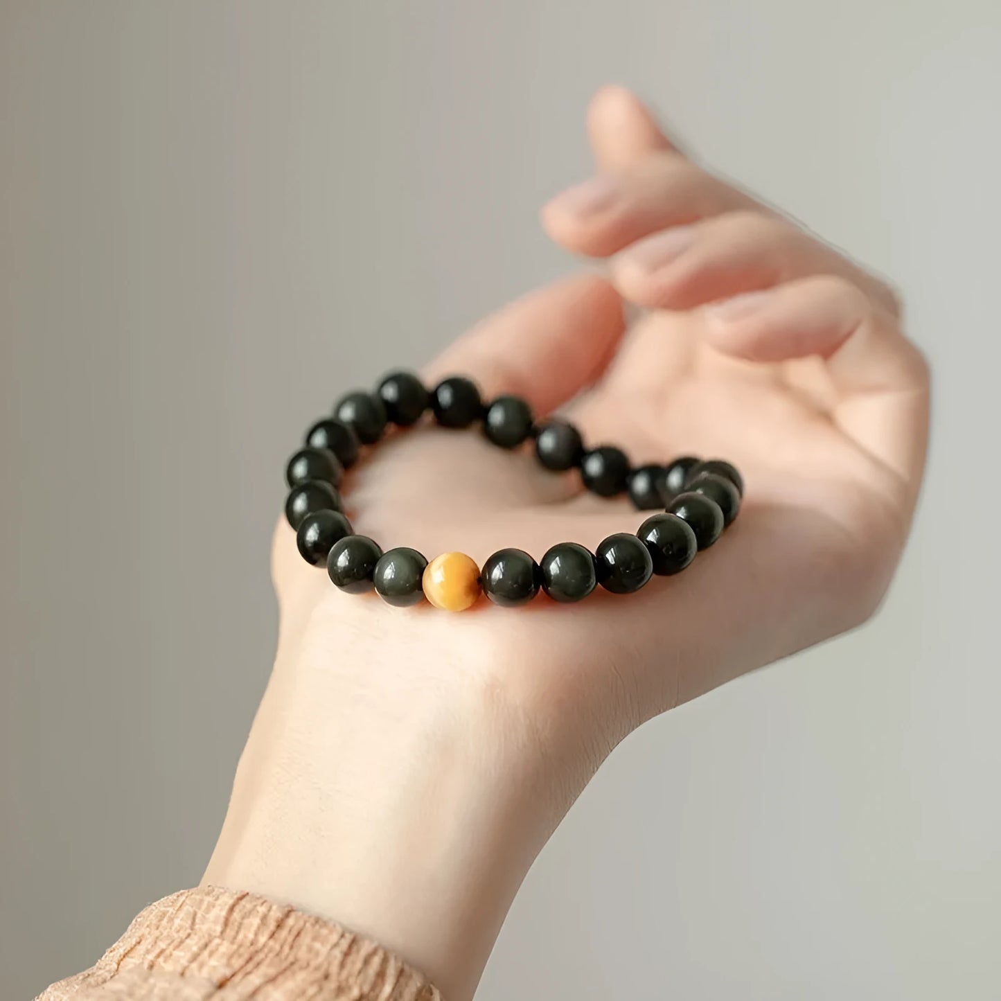 Obsidian bracelet with 10mm black stone geometric beads in Korean unisex style