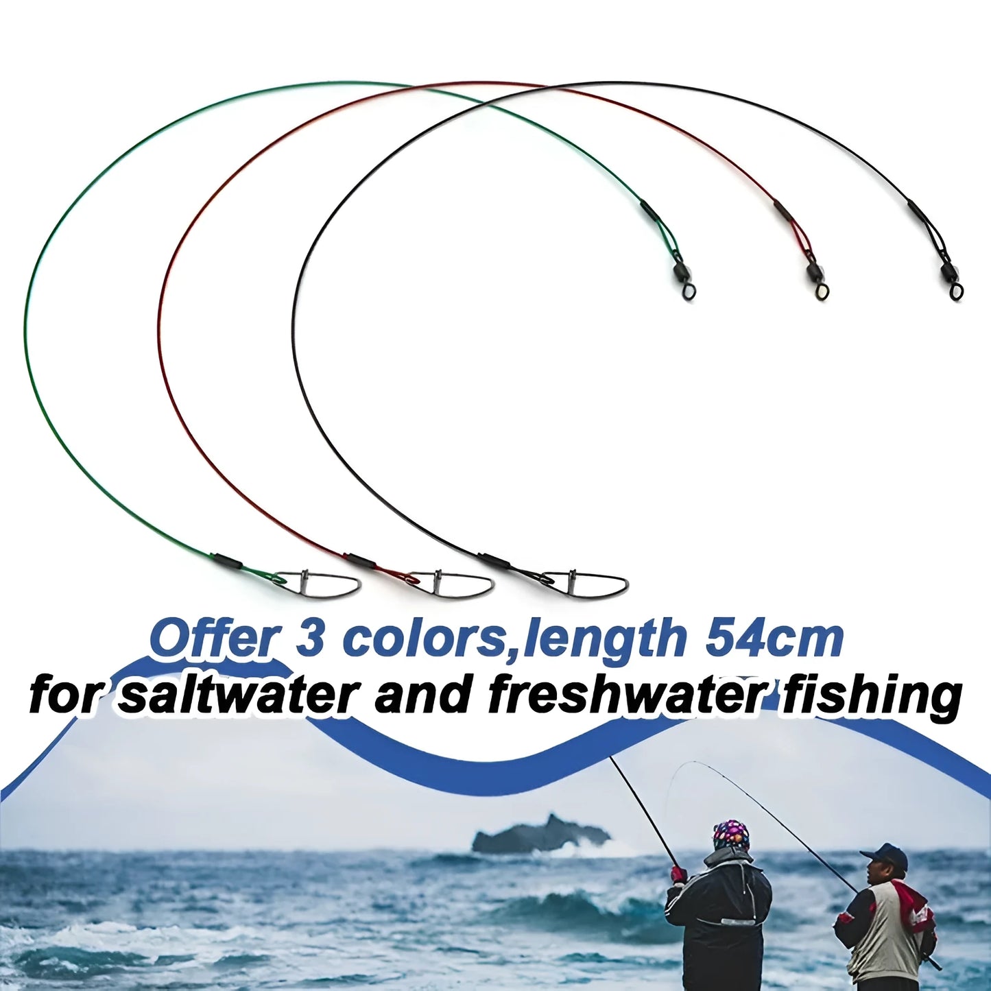 Green, black, and red 54cm steel wire fishing accessories with double buckle pins on fishing tackle