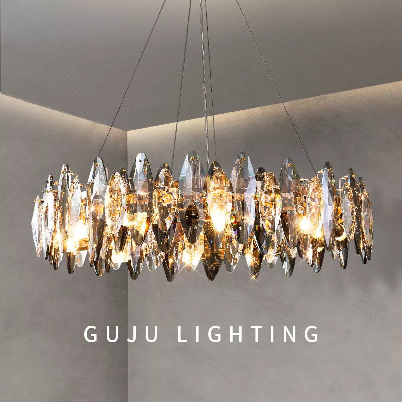Modern minimalist K9 crystal chandelier with three-color light options