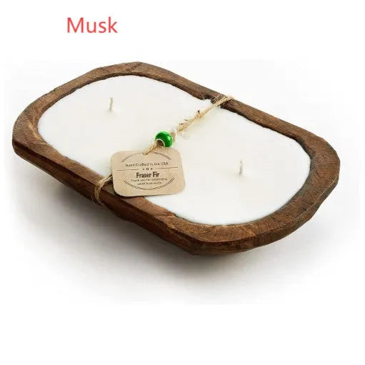 Retro wooden basin containing a lavender-scented soy wax candle with three visible wicks.