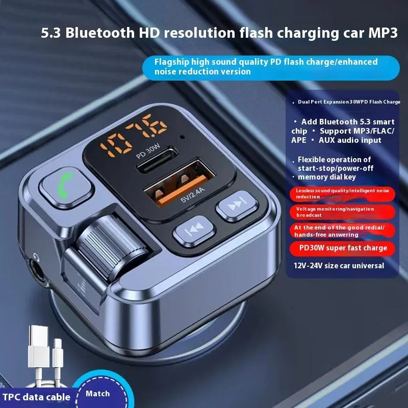Car Bluetooth receiver with dual USB charging ports and FM transmitter for wireless audio streaming