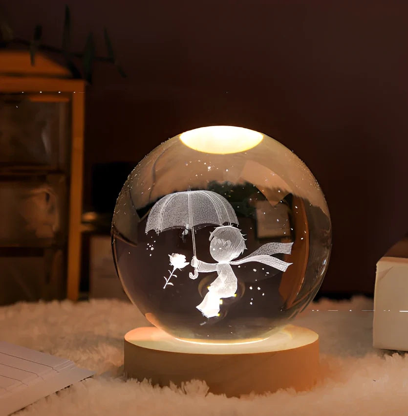 3D crystal ball night light projecting solar system pattern on wooden base with astronaut figurine
