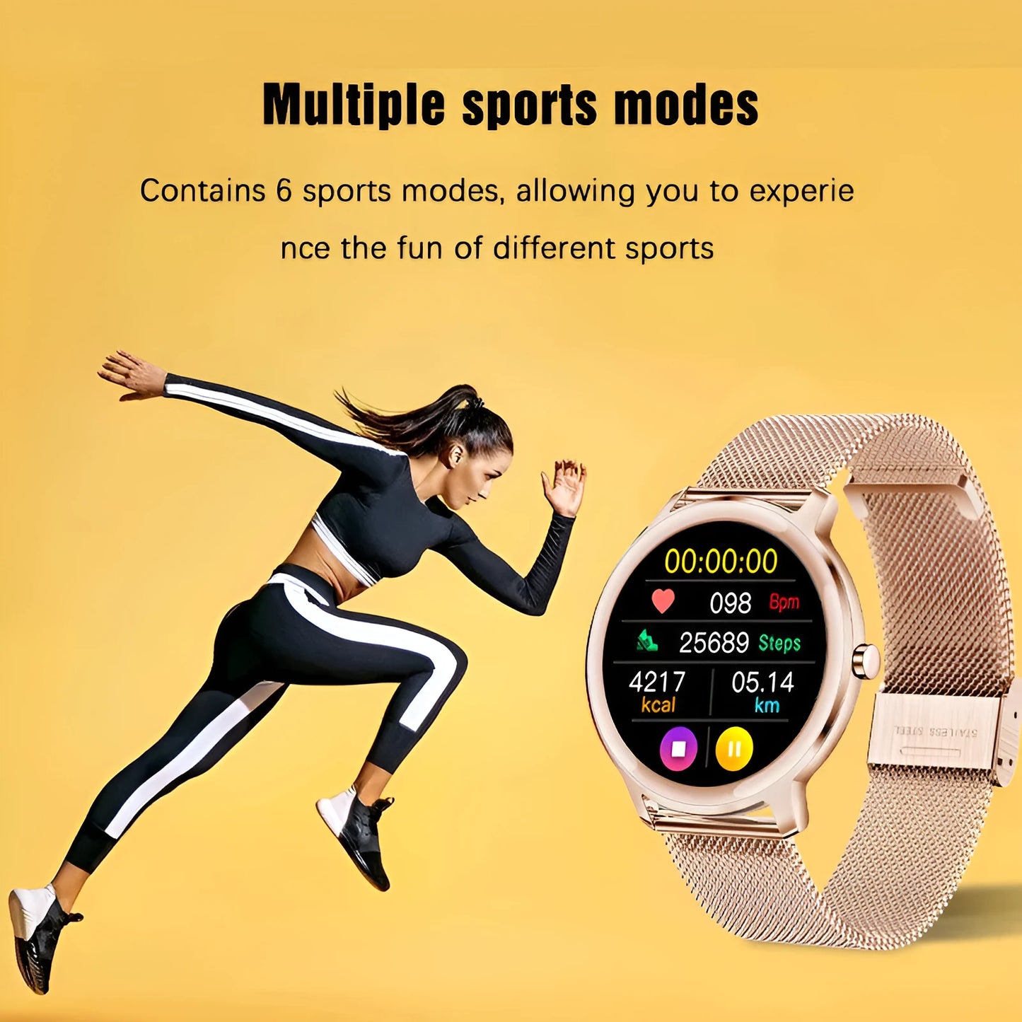 Women's smart watch with stainless steel wristband and 1.3 inch touch screen showing display interface