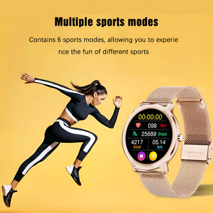 Women's smart watch with stainless steel wristband and 1.3 inch touch screen showing display interface