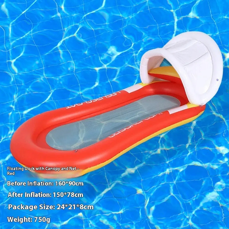 A person lounging on a large, colourful inflatable floating row with sequin details in a swimming pool.
