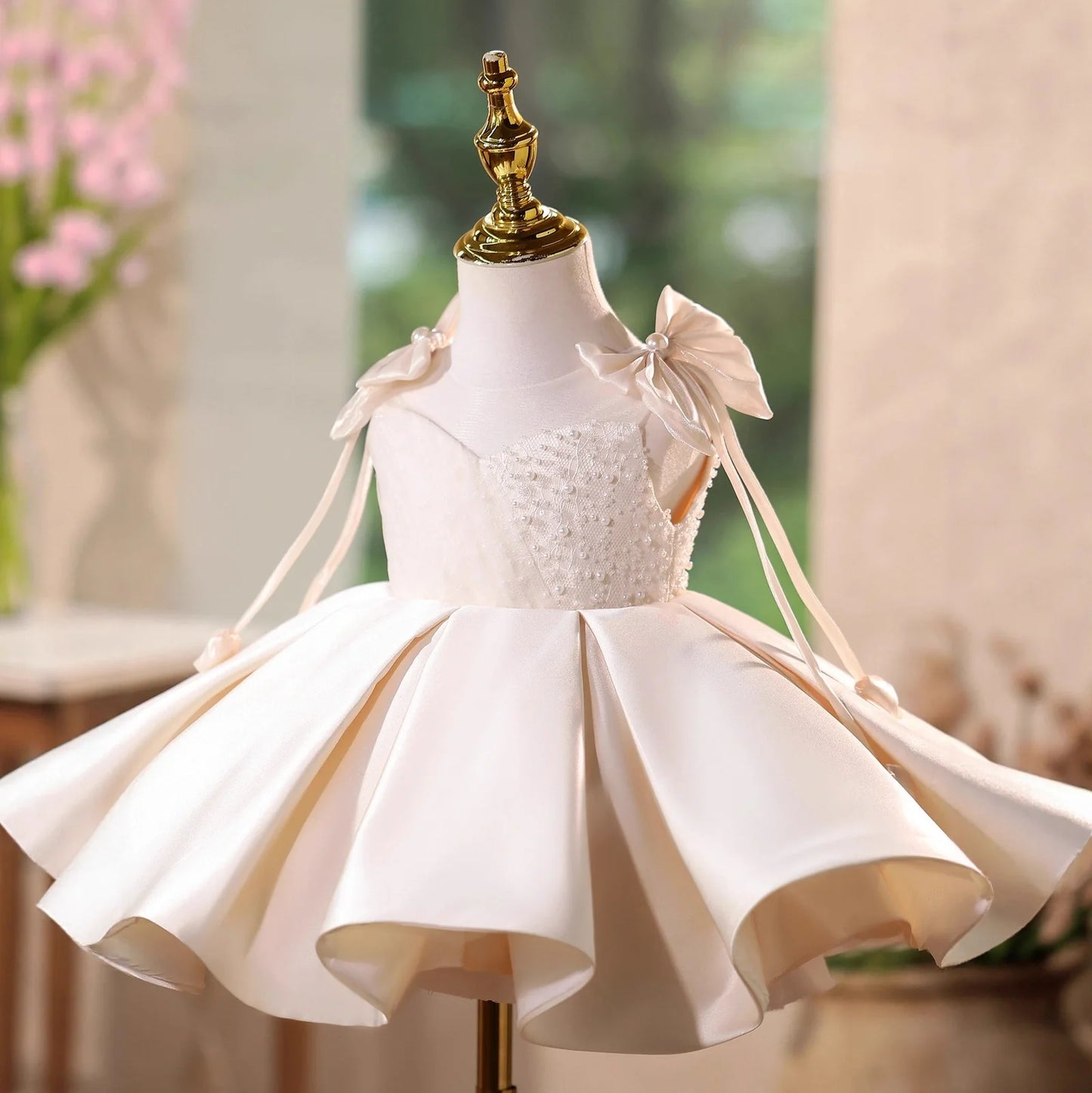 Girls' champagne polyester piano dress with pettiskirt in princess style showing height sizing options