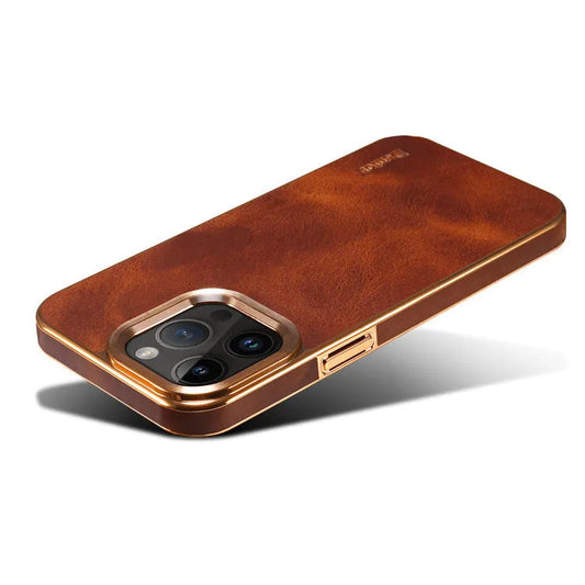 Leather phone case in vintage oil wax leather, handmade for iPhone 12 to 15 Ultra models, showing slim design and 360-degree protection.