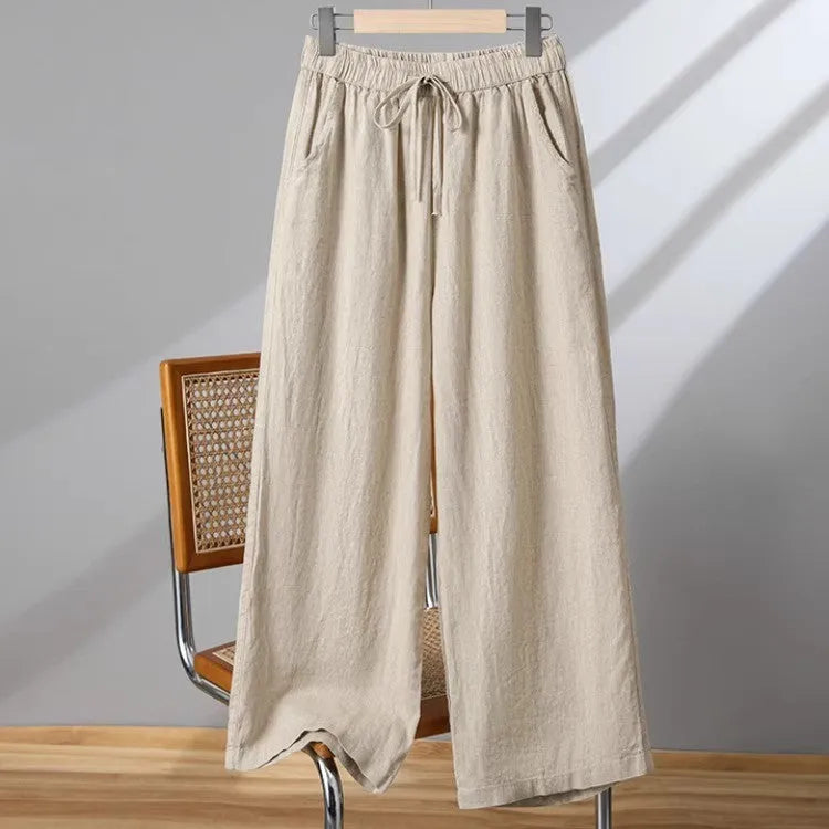 Women's straight-leg casual trousers with elastic waistband and drawstring closure in polyester fabric