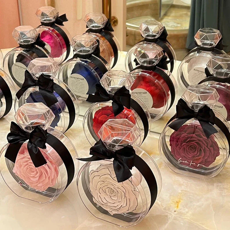 Preserved floral ornaments in various colors, displayed in a transparent cover for elegant home decor