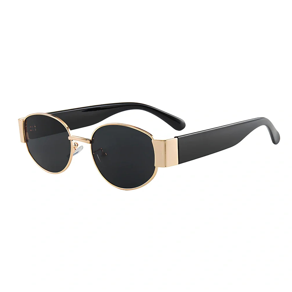 Small round sunglasses with gold frame and grey lenses, 50mm diameter with metal-reinforced construction
