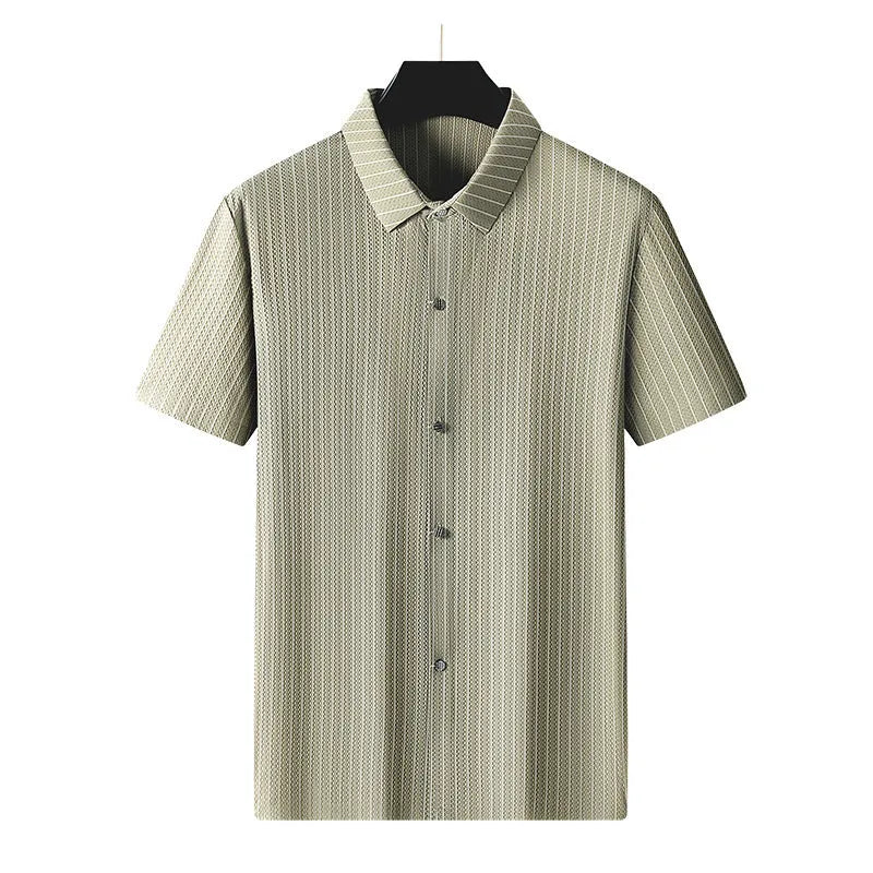 Black and khaki striped plus size men's casual shirt with a square collar, shown in a loose fit.