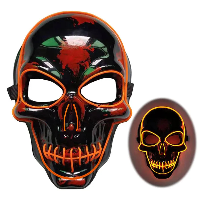Blue LED glow skeleton mask with flashing lights on a person's face