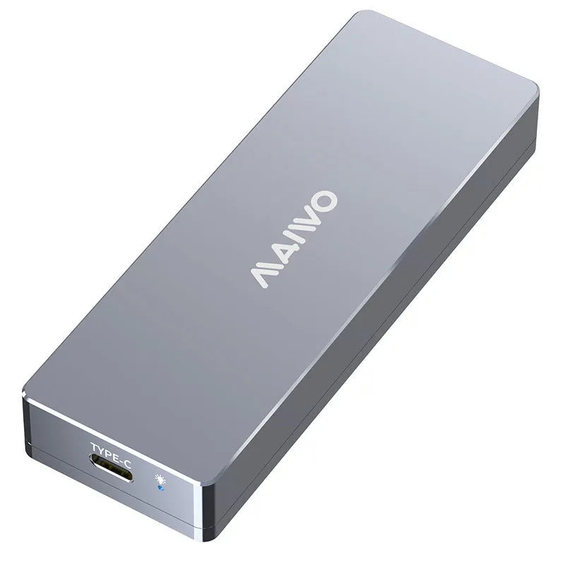 Aluminium Type-C external hard drive enclosure for M.2 SATA SSDs with included screwdriver and cables on a desk.