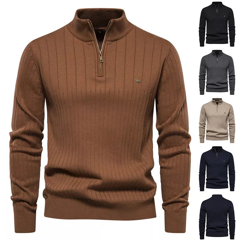 Men's stand collar half-zipper knit sweater in slim fit, available in multiple colors