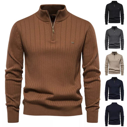 Men's stand collar half-zipper knit sweater in slim fit, available in multiple colors