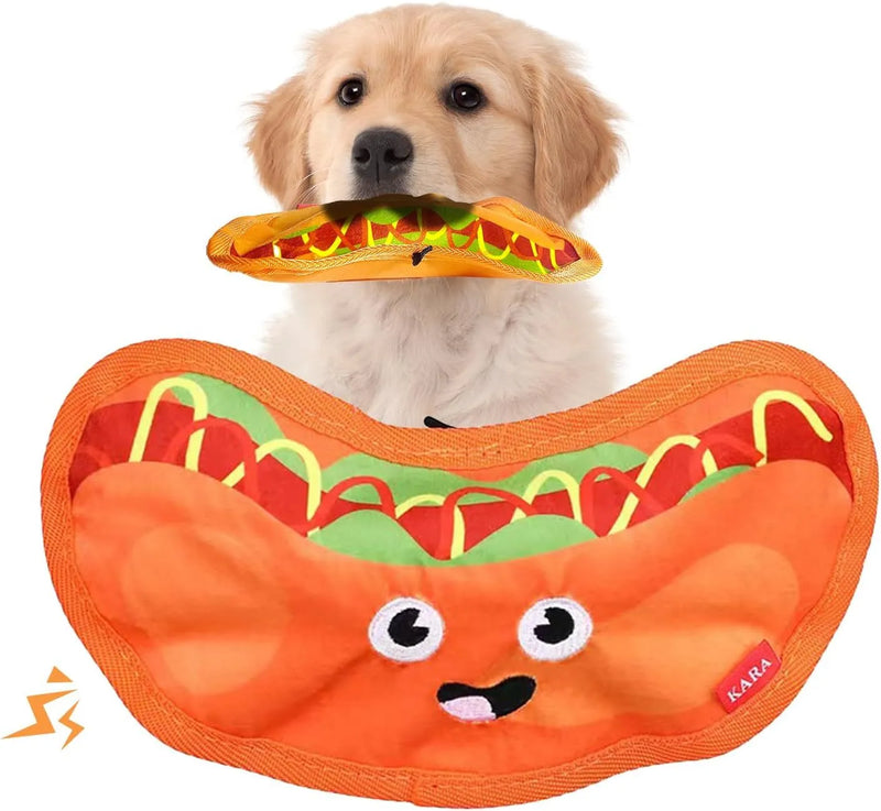 Crinkle dog toys with squeaker for interactive play, durable chew toys with no stuffing for puppies and small to large dogs, available in hamburger, fries, hot dog and pizza designs for safe chewing fun.