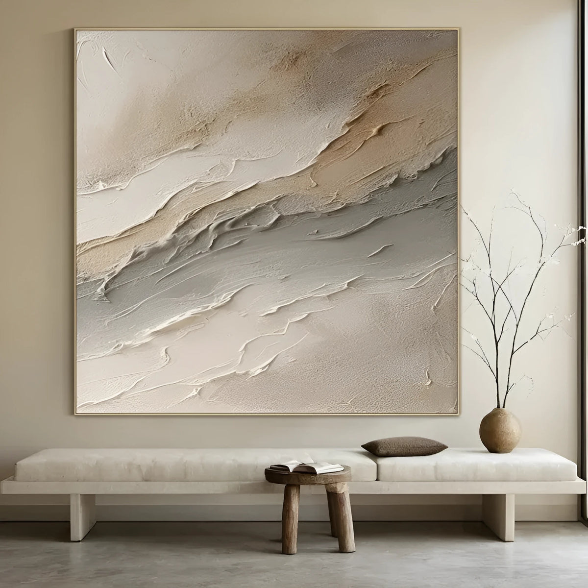 Hand-painted beige grey abstract oil painting on canvas, one panel, frameless and unstretched wall art