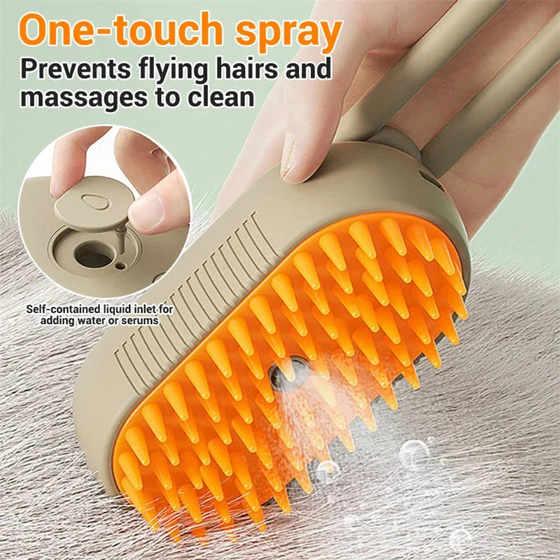 Versatile pet grooming brush with steam spray function for deep cleaning and rejuvenating your pet's coat