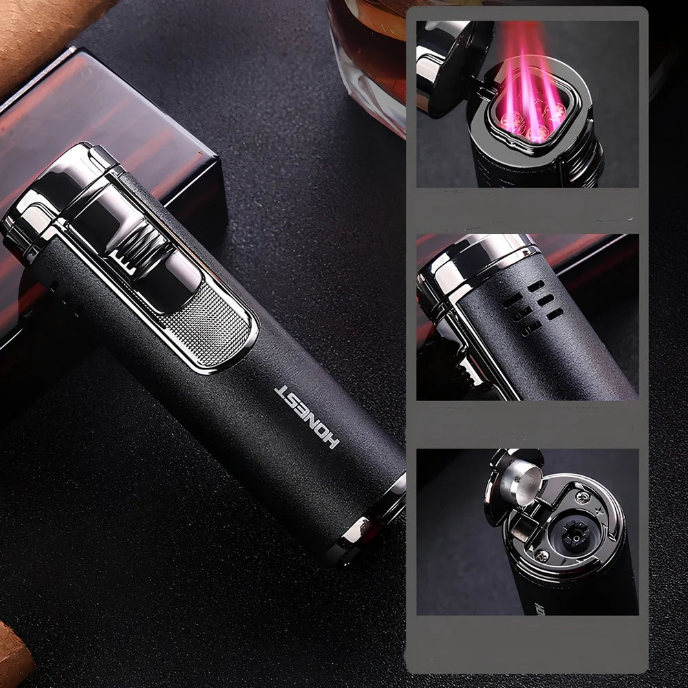Zinc alloy cylindrical cigar lighter with four-straight flame design in choice of five colours