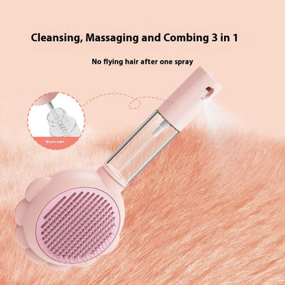 A versatile pet grooming brush with a built-in spray function for efficient hair removal and a calming grooming experience