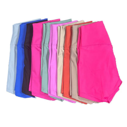High-waisted yoga shorts in nylon fabric for moisture-wicking during sports, available in multiple colours and sizes.
