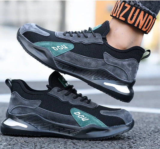 Men's safety shoes with steel toe cap in black, yellow, brown, and gray colors