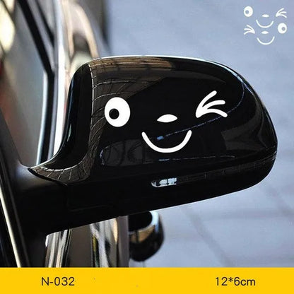 Reflective cartoon car stickers on vehicle rearview mirror in black and white styles