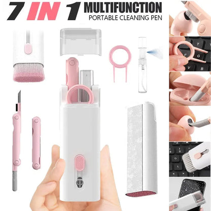 Multifunctional white cleaning pen kit open to show silicone tip, brush, keycap puller, and spray bottle for electronics.
