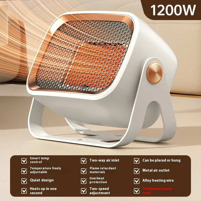 White desktop heater with PTC ceramic heating, two fan speeds, and rotatable body on a wooden desk