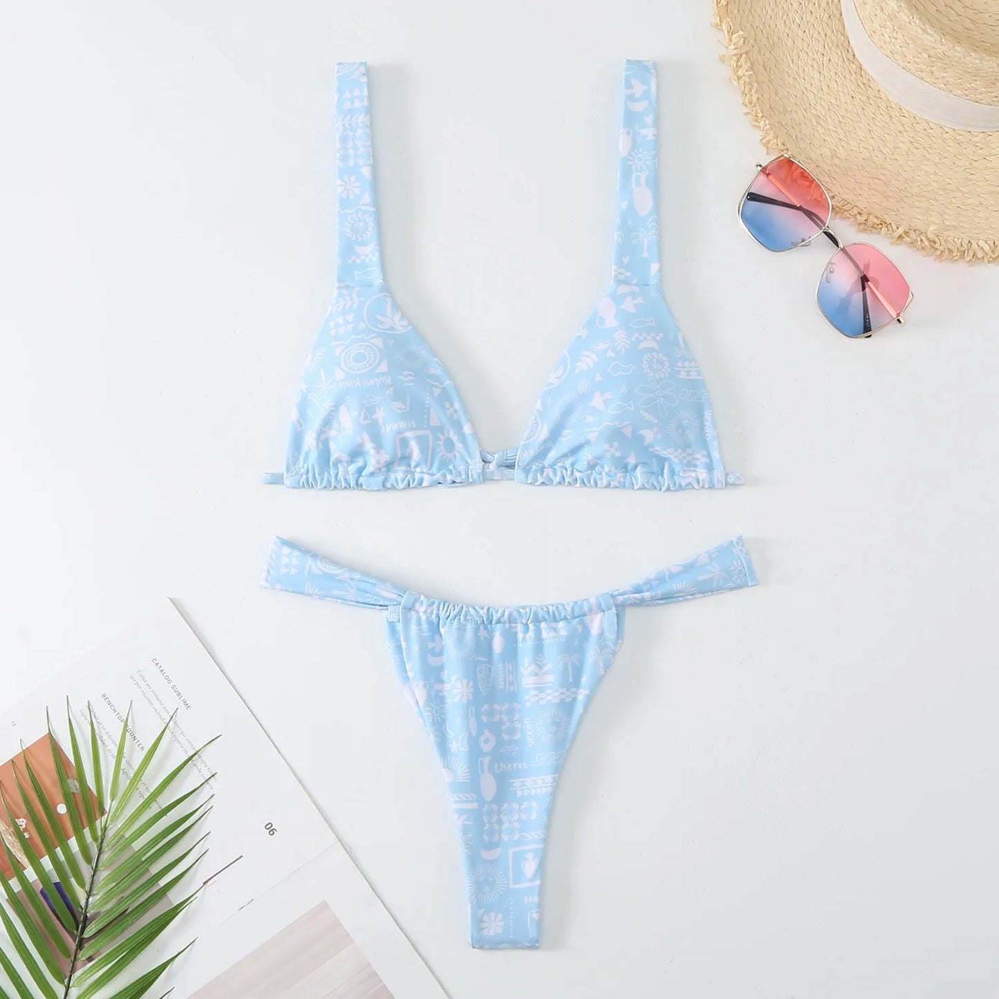 Women's floral printed bikini swimsuit in polyester fabric with bra and panties set
