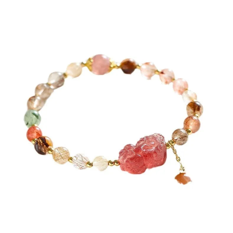 Strawberry quartz crystal bracelet with copper chain, Pixiu charm, and natural pearls in dopamine crystal colour