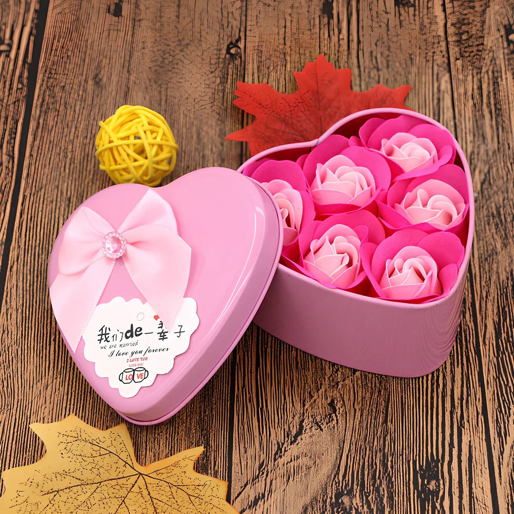 Handmade soap flower gift box in red heart-shaped tin with three blooms and bear, 12x12x5 cm for Valentine's Day