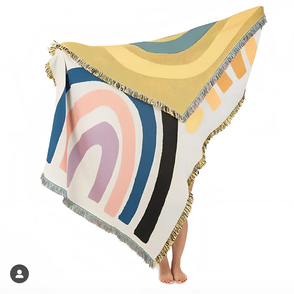 Bohemian rainbow geometric pattern tapestry blanket hanging on wall showing 120×150cm or 150×210cm dimensions