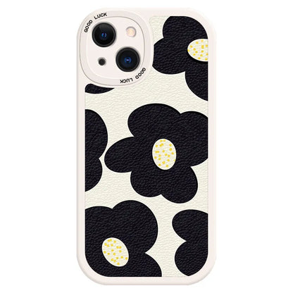 Anti-drop silicone phone case with black flower design, all-inclusive shockproof cover for iPhone models in white or black