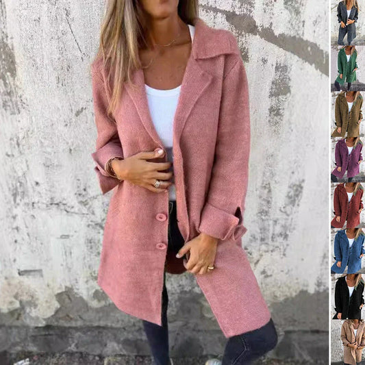 Stylish lapel cardigan with pockets in various colors, showcasing its modern design and premium materials