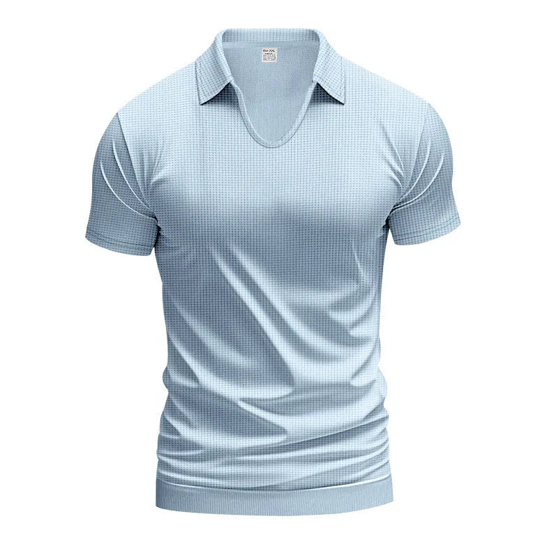 Men's loose fit light grey V-neck short sleeve T-shirt laid flat