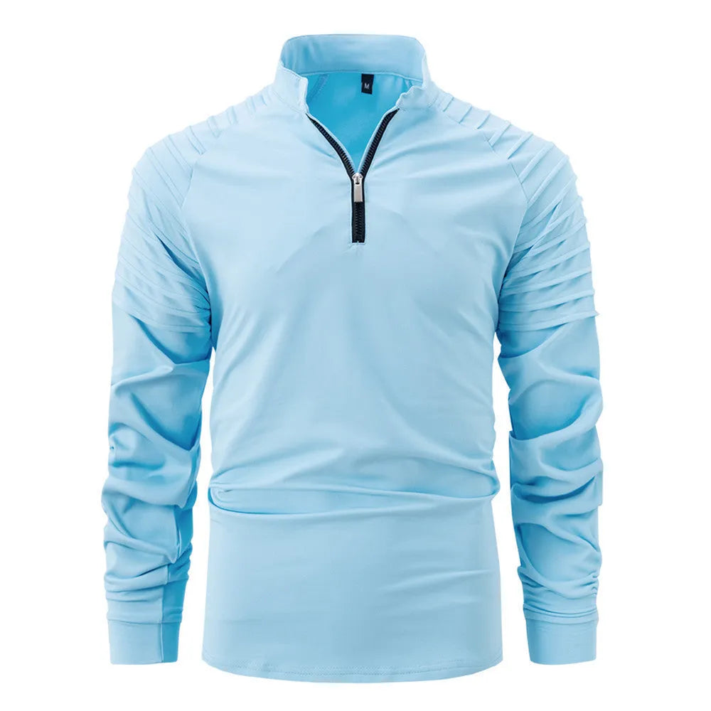 Men's long sleeve zip neck polo shirt in cotton blend, slim fit, available in eight colours and sizes S to XXXL.