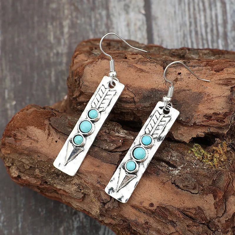 Silver geometric long strip earrings with turquoise inlay, zinc alloy retro style jewellery for women.