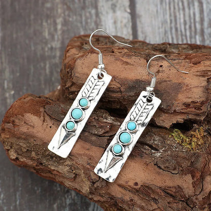 Silver geometric long strip earrings with turquoise inlay, zinc alloy retro style jewellery for women.