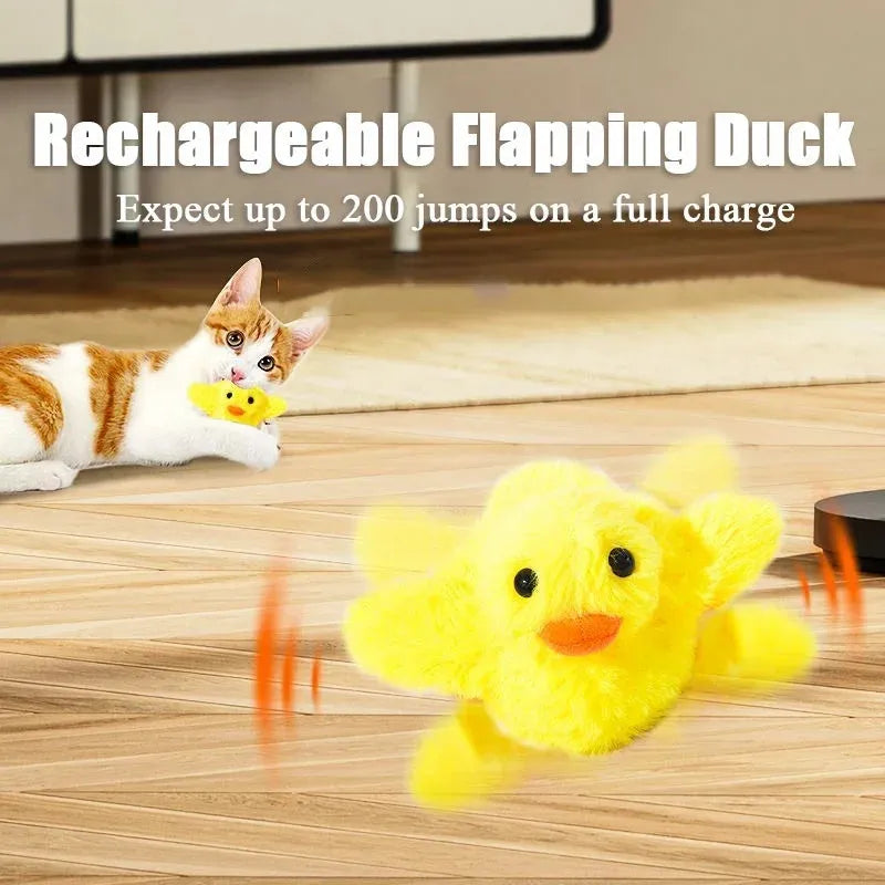Yellow electric flapping duck cat toy with vibration sensor and removable plush cover