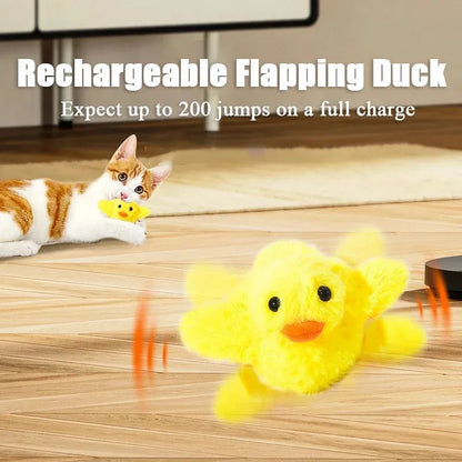 Yellow electric flapping duck cat toy with vibration sensor and removable plush cover