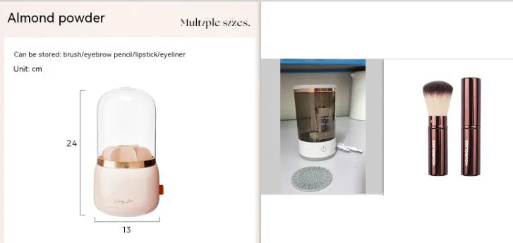 Grey and white portable electric makeup brush cleaner with USB charging cable.